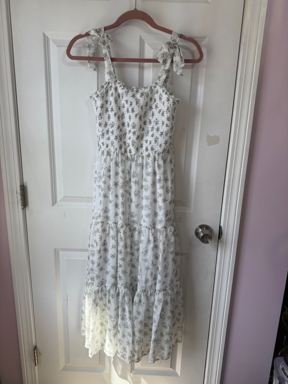Celebrity Pink White Dress with Green Floral Print and Tie Straps